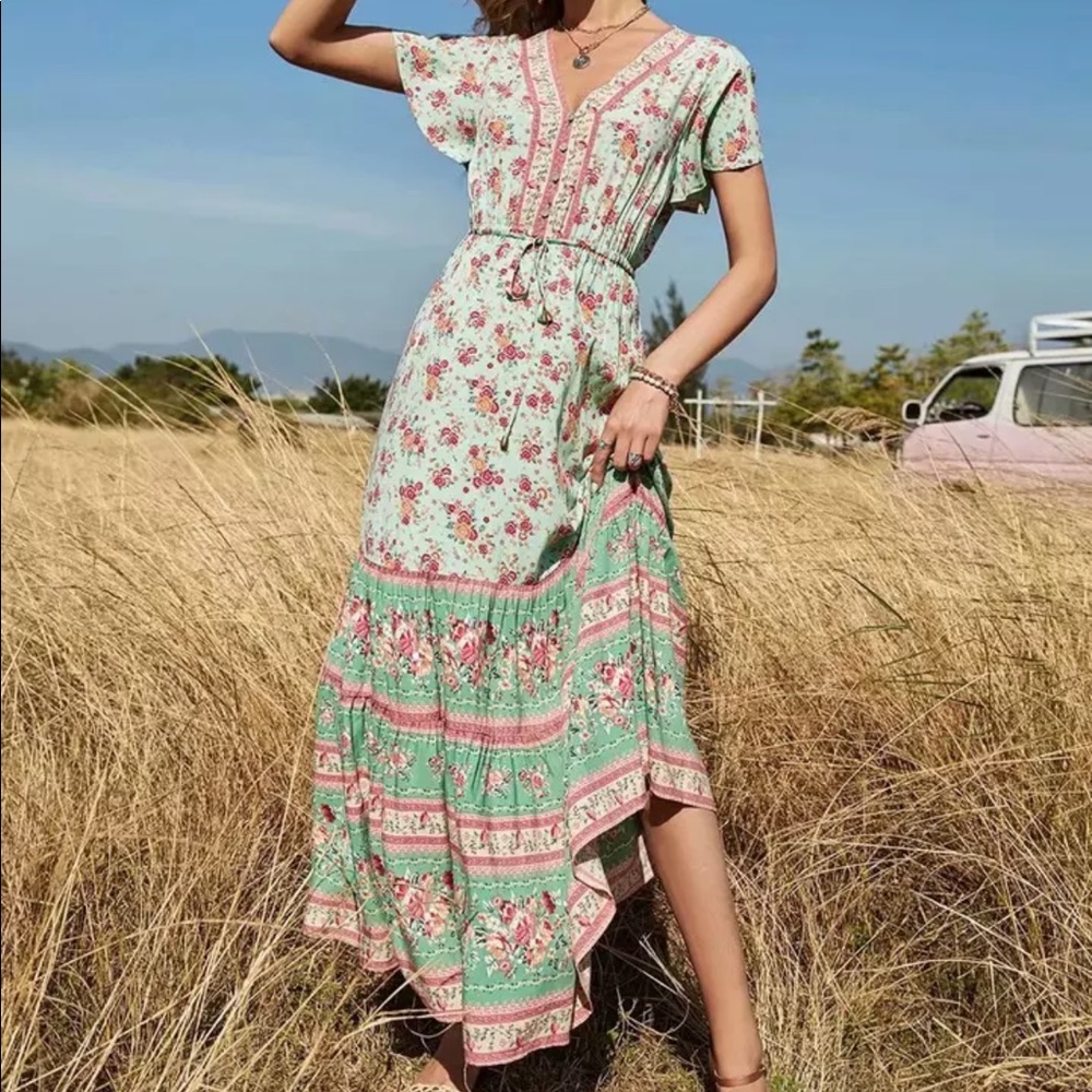 Boho gypsy maxi dress mint green paisley floral - Picture 1 of 7